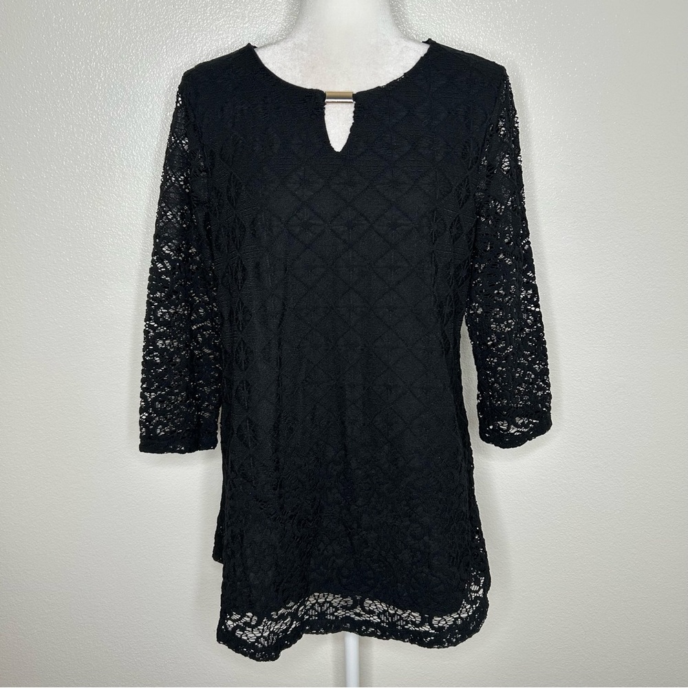 JM Collection Womens Black Lace Crochet Long Sleeve Tunic Top Size L